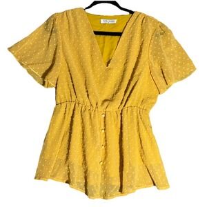 Kate‎ Kasin M Yellow Swiss Dot Short Sleeve Top